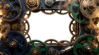 Steampunk mechanical gears and cogs frame with white center space for text or design. Industrial vintage machinery border isolated on white background.