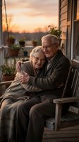 Happy elderly Caucasian couple embracing on porch swing at sunset, wearing cozy sweaters, romantic golden hour lighting, love and togetherness in retirement years.