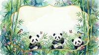 Watercolor panda family in bamboo forest frame with butterflies and flowers, blank space for text, tropical jungle border design for invitations.