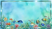 Watercolor underwater scene with colorful tropical fish, coral reef, and golden frame border on teal blue background, copy space for text.