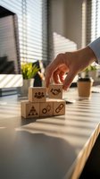 Business professional placing wooden blocks with partnership icons on office desk representing teamwork and collaboration concepts.