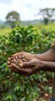 Farmer holding freshly harvested coffee beans in hands over plantation field, showcasing agricultural produce and sustainable farming practices.