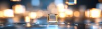 Glowing transparent cube on reflective surface with soft bokeh lights in background creates magical atmosphere for technology concepts.