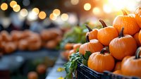 Fresh orange pumpkins stacked in market crate with blurred bokeh background and autumn foliage, seasonal harvest display for fall decorating and cooking.