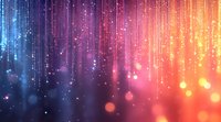 Digital particle rain effect with colorful gradient from blue to orange creating futuristic cyber atmosphere with glowing bokeh lights and data streams.