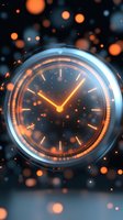 Glowing clock face with orange illuminated hands against dark background, surrounded by magical bokeh lights and particles creating mystical atmosphere.