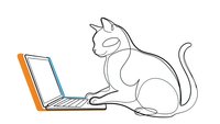Cute cat sitting at laptop computer working from home office setup. Modern pet technology concept for remote work and digital lifestyle illustrations.