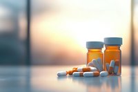 Orange prescription bottles with scattered white capsule medications on reflective surface against blurred sunset window background, healthcare concept.