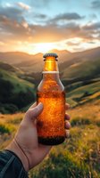 Cold beer bottle with water drops held up against mountain sunset backdrop, golden hour lighting illuminates refreshing beverage while hiking outdoors.