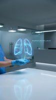 Medical professional displaying holographic lungs projection for respiratory wellness healthcare technology in modern clinical environment.
