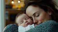 Young mother holding sleeping baby close to her face in cozy home setting with warm lighting, expressing tender maternal love and bonding moment.