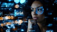 African American woman analyzing digital data with futuristic holographic projections, contemplating cybersecurity solutions in dark environment.
