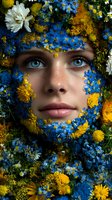 Face framed by vibrant blue and yellow flowers, showcasing natural beauty with striking blue eyes and freckles for fashion or beauty advertising.