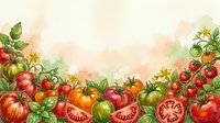 Ripe tomatoes and fresh vegetables arranged in a colorful border with leaves on cream background, suitable for food packaging, recipe blogs, and culinary designs.