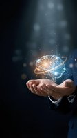 Businessman holding glowing brain hologram with neural connections and light effects representing artificial intelligence and innovation concepts.