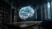 Glowing neon brain hologram floating above wooden desk in dark library surrounded by bookshelves, representing artificial intelligence, knowledge, and digital innovation for tech and education concepts.