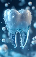 Translucent molar tooth surrounded by water drops and bubbles on blue background, dental care concept showing clean fresh tooth with liquid splash effect.