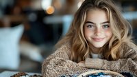 Young Caucasian woman with blonde wavy hair and freckles smiling warmly while relaxing in cozy knit sweater at home, natural beauty and lifestyle portrait.