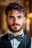 Young man with purple highlights in dark hair wearing floral bow tie and green plaid vest against soft bokeh background. Professional portrait with shallow depth of field.