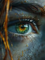 Extreme macro shot of mesmerizing green human eye with water drops and golden light effects creating mystical atmosphere. Artistic beauty photography for cosmetics.