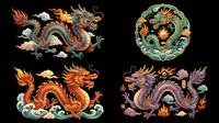 Four colorful traditional Asian dragons with flames and clouds, isolated on transparent background, ready for T-shirts, stickers, sublimation, and print on demand designs.