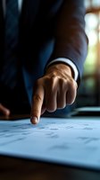 Close-up of businessman's hand pointing at document during contract review, wearing navy blue suit. Professional corporate setting with natural lighting effect.