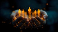 Glowing golden figures standing in cupped hands with magical light particles and sparkles against dark background, representing spirituality and human connection.