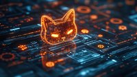 Glowing orange cat head hologram on digital circuit board background with futuristic interface elements and technology patterns for cybersecurity concept.