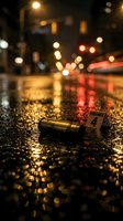 Crime scene investigation with bullet casing and evidence marker on wet asphalt at night with city lights bokeh background for forensic and police concepts.