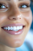 Close-up of radiant smile showing healthy white teeth, natural makeup, and glowing skin against blue background. Perfect for dental and cosmetic advertising.