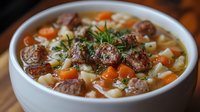 Hearty beef soup with tender meat chunks, diced carrots, pasta, and fresh herbs in clear broth served in white bowl. Homestyle comfort food for cold weather.