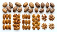 Pecan nuts arranged in organized rows showing whole shells and halved kernels isolated on white background, suitable for food packaging, culinary design, and nutritional content.