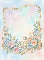 Watercolor floral frame with gold border, pastel roses and wildflowers on soft gradient background, perfect for wedding cards and invitations.