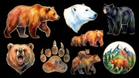 Watercolor bear clipart set with grizzly, polar, black bear, cubs, paw print and mountain scene, isolated on transparent background, ready for stickers, t-shirt design, print on demand.