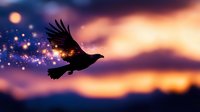 Silhouette of majestic raven flying against purple sunset sky with magical glowing sparkles and bokeh lights trailing behind its wings creating mystical atmosphere.