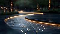 Curved illuminated pathway with glowing LED strip lighting and scattered light reflections creates magical evening ambiance in modern landscape design.