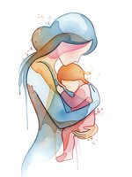Watercolor mother holding baby in tender embrace with flowing hair and soft pastel colors on white background for motherhood designs and family artwork.