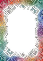 Colorful geometric border frame with Aztec and tribal patterns in rainbow gradient colors surrounding white central space, isolated on white background for design layouts.