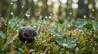 Snail shell resting on moss-covered ground with morning dew drops on grass blades creating magical bokeh effect in soft natural light for nature photography.