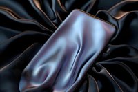 Luxurious black silk fabric with elegant folds and smooth texture creates dramatic light and shadow effect, showcasing flowing curves and reflective surface.