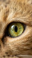 Extreme close-up of orange tabby cat green eye with golden iris and black pupil surrounded by soft fur texture for pet photography and animal portraits.