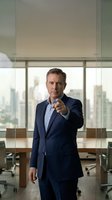 Confident middle-aged Caucasian businessman in navy suit pointing forward in modern office boardroom with city skyline view for corporate leadership concepts.