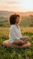 Young African American woman meditating peacefully in wildflower meadow during golden hour sunset with mountains in background for wellness and mindfulness.