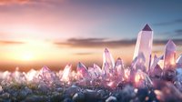 Magical crystal quartz points catching sunset light with pink and purple hues, macro view against dreamy sky background with soft bokeh effect.