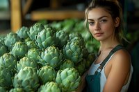Young Caucasian woman farmer in overalls standing near fresh artichokes at local market. Natural lighting emphasizes organic produce and farm-to-table concept.