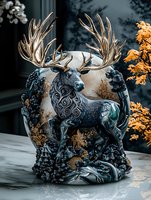 Decorative moose figurine with ornate antlers in dark teal and gold colors, featuring swirling patterns and forest elements against dramatic nature backdrop.