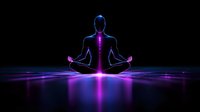 Glowing silhouette in lotus position with illuminated chakra points and spine, meditation pose on reflective surface with purple and blue neon light effects.