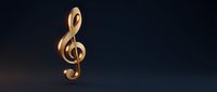 Golden treble clef symbol floating against dark gradient background for music industry branding and concert promotional materials.