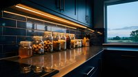 Modern kitchen countertop with glass storage jars containing pasta, grains and dried goods under warm LED lighting, ideal for home decor and interior design projects.