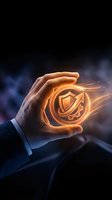 Businessman hand holding glowing orange shield icon with security symbol and light effects, representing data protection, cybersecurity, and digital safety for business concepts.